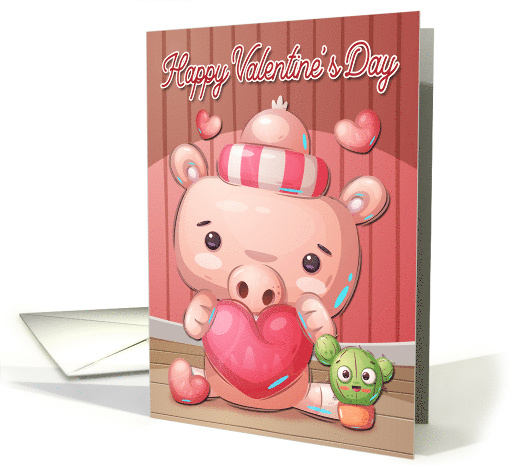 Pig Holding Heart with Cactus for Happy Valentines Day card (1663266)