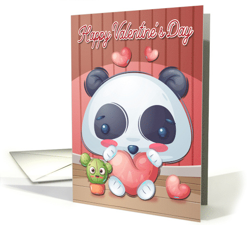 Panda Holding Heart with Cactus for Happy Valentines Day card