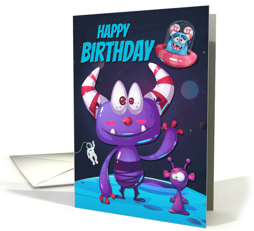 Purple Alien with Spaceship and Planets for Happy Birthday card