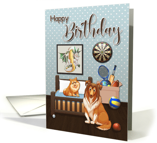Bedroom with Games Dragon Picture and Dogs for Happy Birthday card