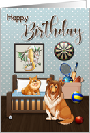 Bedroom with Games Dragon Picture and Dogs for Happy Birthday card
