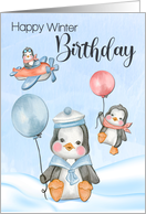 Cute Baby Penguins with Snow and Balloons and Airplane Winter Birthday card
