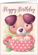 Puppy Dog in a Pink Teacup with Flowers for Happy Birthday card