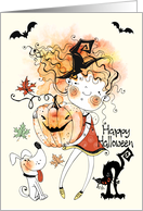 Watercolor Girl with Dog and Black Cat for Halloween card