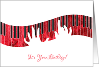 Happy Birthday with Hands Playing on Stylized Red Piano card