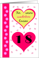 18th birthday our cousin(f) pink hearts - German language card