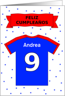 9th birthday red blue t-shirt custom name - Spanish language card