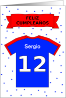 12th birthday red blue t-shirt custom name - Spanish language card