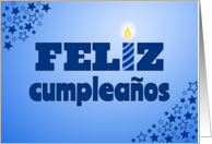 Feliz cumpleanos blue lettering with candle - spanish language card