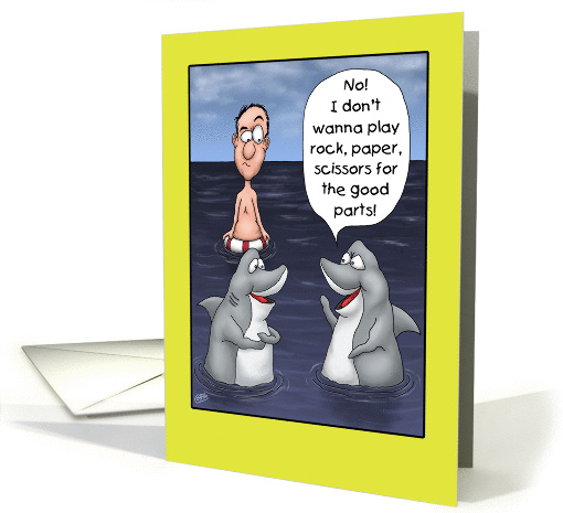 Humorous Birthday Cartoon, Two Sharks Argue Over A Nearby Swimmer card
