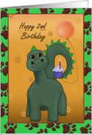 Happy Second Birthday with dinosaur, cupcake, balloon and paw prints card