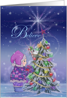Merry Christmas with little girl and Christmas tree,stars, snow, dove card