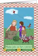Invitation for picnic with kite, watermelon, gingham, barbecue card