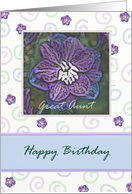 Happy Birthday Great Aunt with Larkspur in blues and purples. card