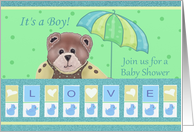 It’s a boy! Join us for a baby shower with baby bear and umbrella card