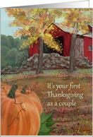 First Thanksgiving as an engaged couple with barn,pumpkins, foliage card