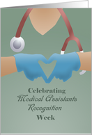 Celebrating Medical Assistants Recognition Week with gloves, scrubs card