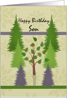 Happy Birthday Son with lone deciduous tree among pine trees card