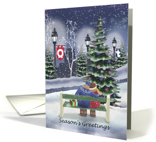 City During The Holidays With Couple Sitting On Park Bench card