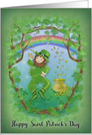 Happy Saint Patrick’s Day Leprechaun Tossing Coins into Gold Pot card