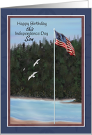 Happy Birthday Son on this Independence Day with Lake, American Flag card