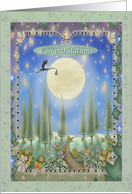 Stork flying over the Moon with Bundle of Joy, Congratulation on Birth card