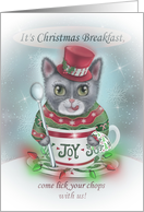 Christmas Breakfast Invitation with Cat in Teacup dressed in Sweater card