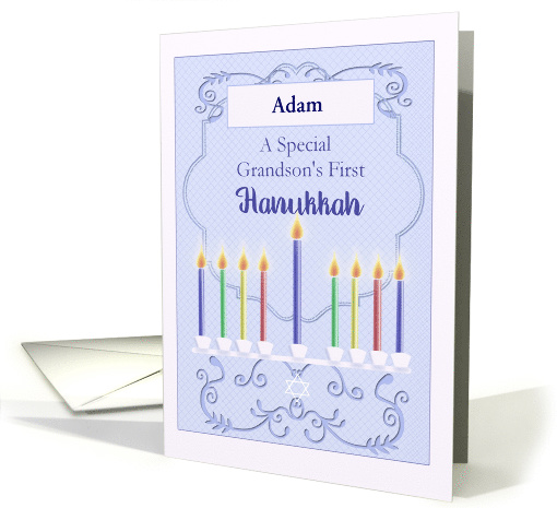Grandson's First Hanukkah with Colorful Menorah Candles, Star card