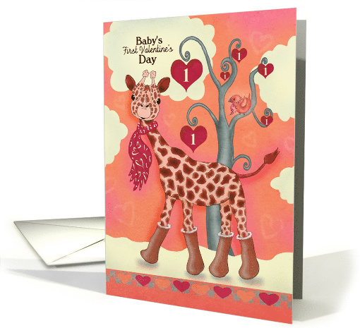 Baby's First Valentine's Day with Giraffe, Coral, Pink Background card