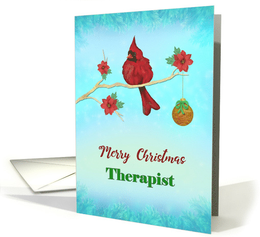 Merry Christmas Therapist with Red Cardinal, Gold Branch, Bulb card