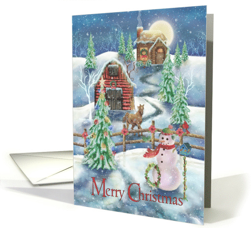 Merry Christmas with Cottage, Barn, Horse, Snowman Winter Scene card