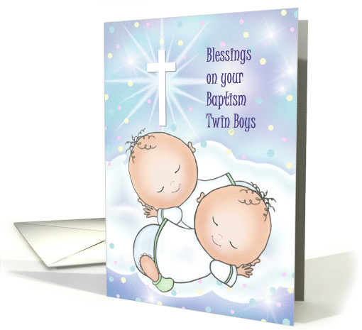 Blessings On Your Baptism Twin Boys, Two Babies on Cloud, Cross card
