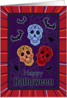 Happy Halloween with Skulls, Bats, Spiders with Colorful Border card