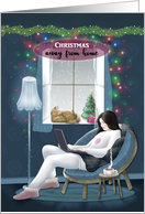 Christmas Away From Home Daughter with Window, Snow, Cat, Tree card