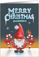 Custom Grandchildren Merry Christmas with Gnome Candy Canes Bird Snow card