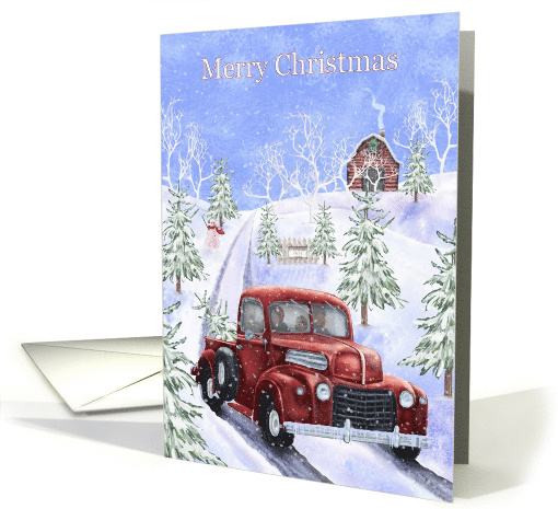Merry Christmas Snow Scene With Red Truck at Tree Farm card (1749592)
