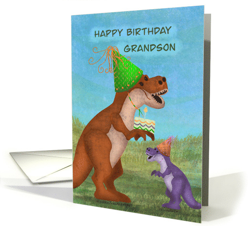 Happy birthday grandson dinosaurs party hats cake card (1751848)