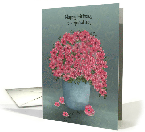Happy birthday to a special lady with red flowers in vase card