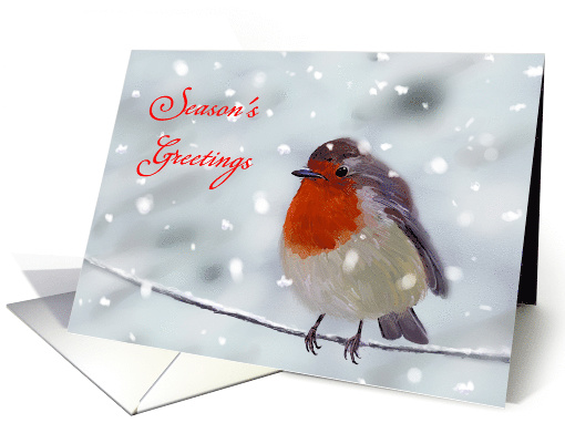 Season's Greetings - Robin Sitting on Wire, Snow is Falling card