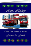 Fireman & Family - Happy Holidays From Our House - Painted Fire Trucks card