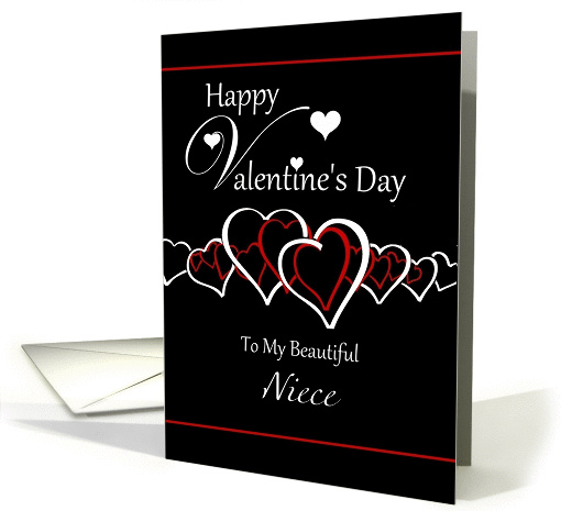 Niece Happy Valentine's Day - Red / White Hearts on Black card