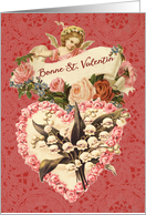 Happy Valentine’s Day in French, Vintage Angel and Heart card