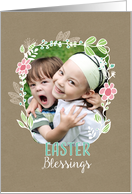 Easter Blessings, Photo Card, Floral wreath, Kraft Paper Effect card