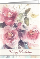 Happy Birthday, Pink Roses, Watercolor Painting card