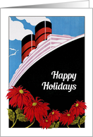 Happy Holidays, Christmas Card, Poinsettia, Cruise Ship, Vintage card