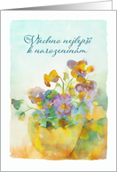 Happy Birthday in Czech, Pansies, Watercolor card