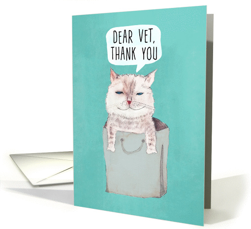 Thank You, Veterinarian, Illustration, grinning Cat in a Bag card