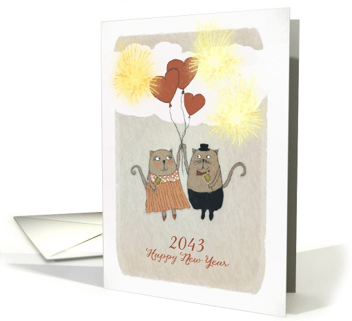 Romantic Customizable Happy New Year, Two Cats, Fireworks card