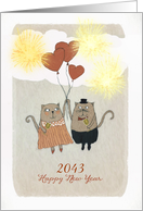 Romantic Customizable Happy New Year, Two Cats, Fireworks card