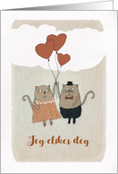 I love You in Norwegian, Jeg elsker deg, Illustration, Cats, Hearts card